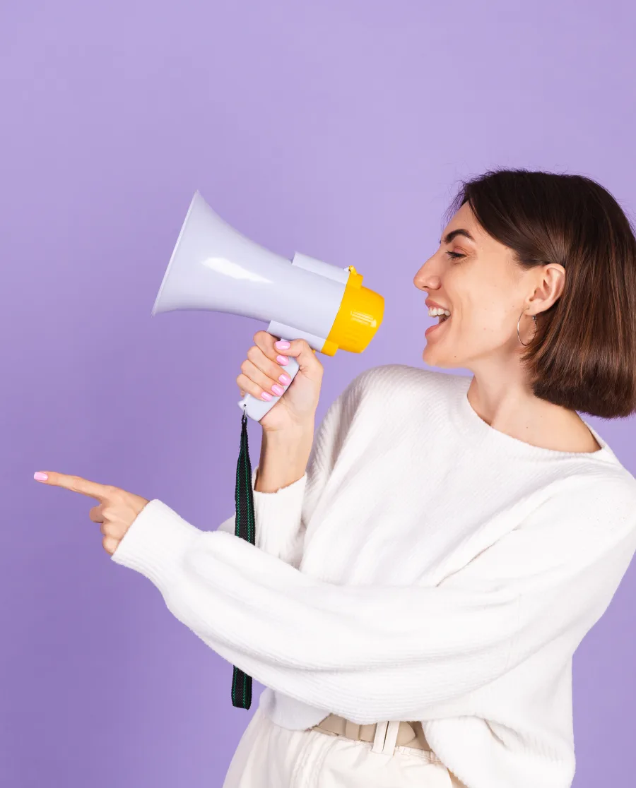 Solo marketer against a purple backdrop