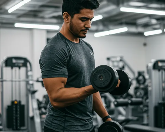 Trainer counting reps beside a client on the gym floor