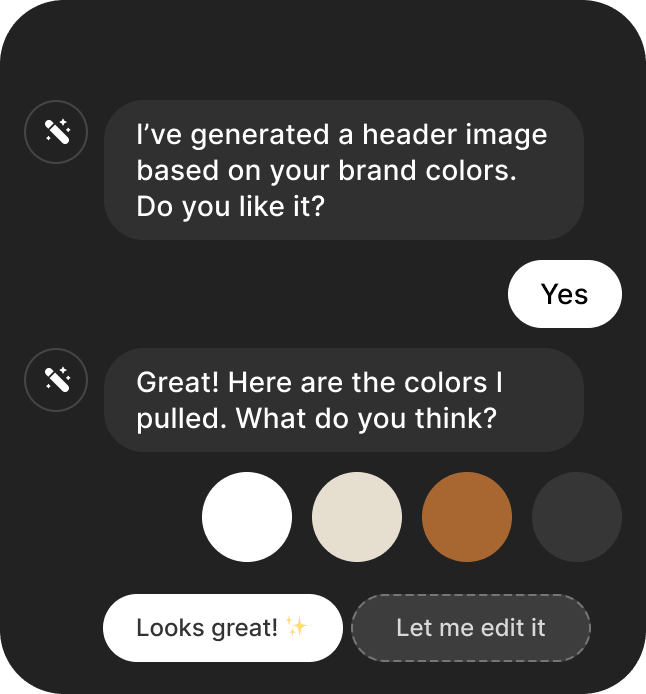 Bookme AI Builder chat suggesting a header image and brand colors