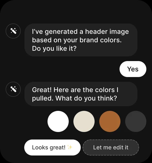 Bookme AI Builder chat suggesting a header image and brand colors