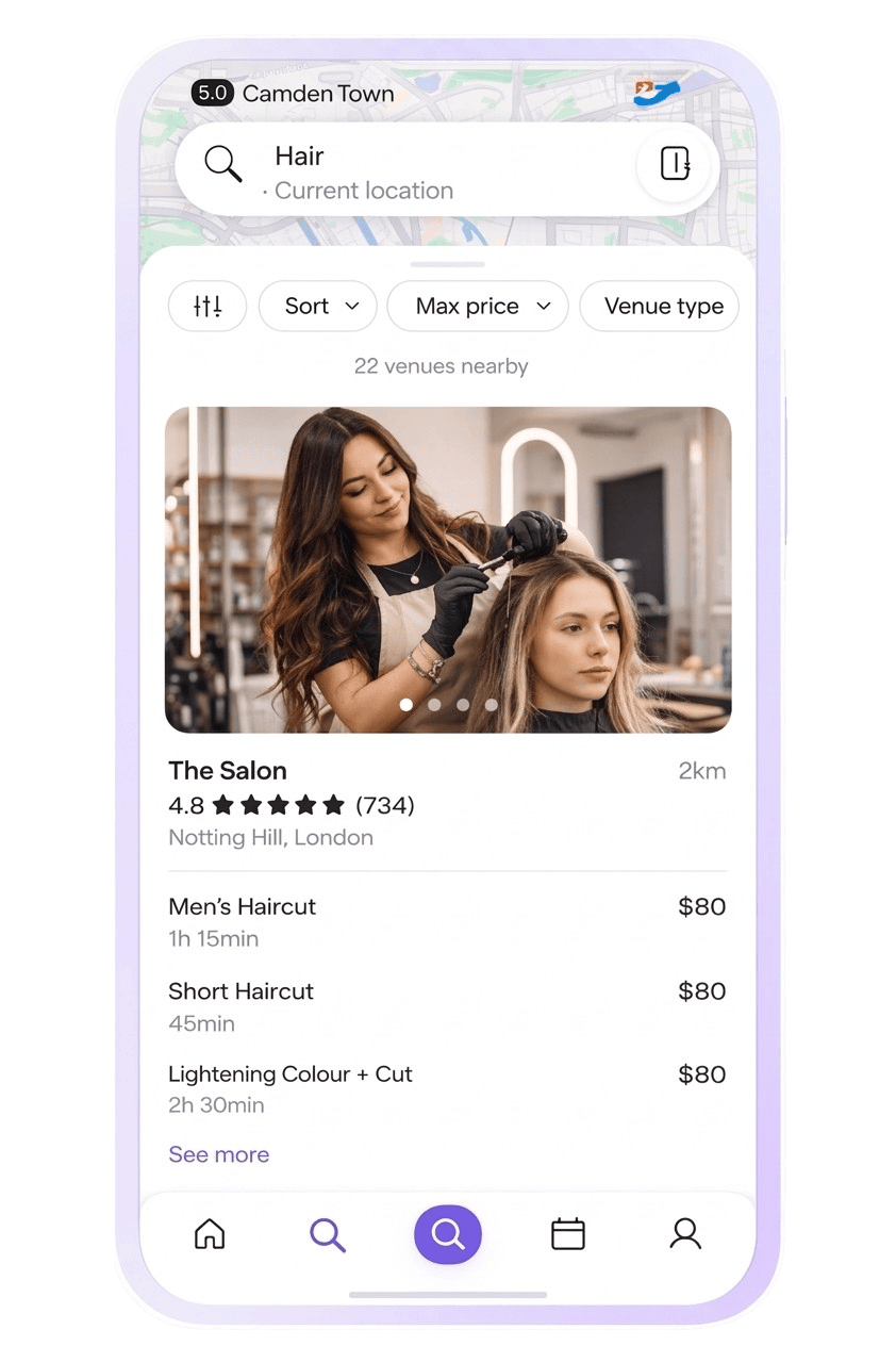 Bookme app salon browsing screen showing available beauty services