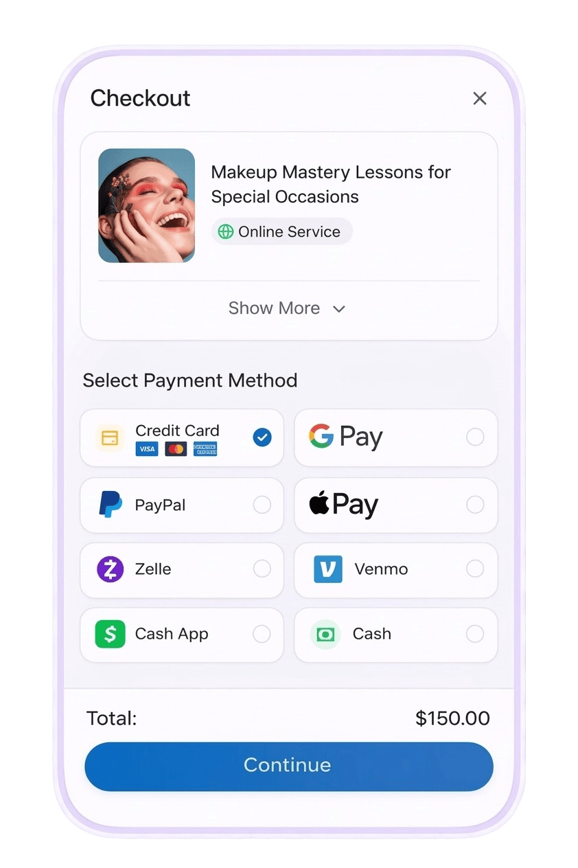 Bookme app checkout screen with secure payment options for salon booking