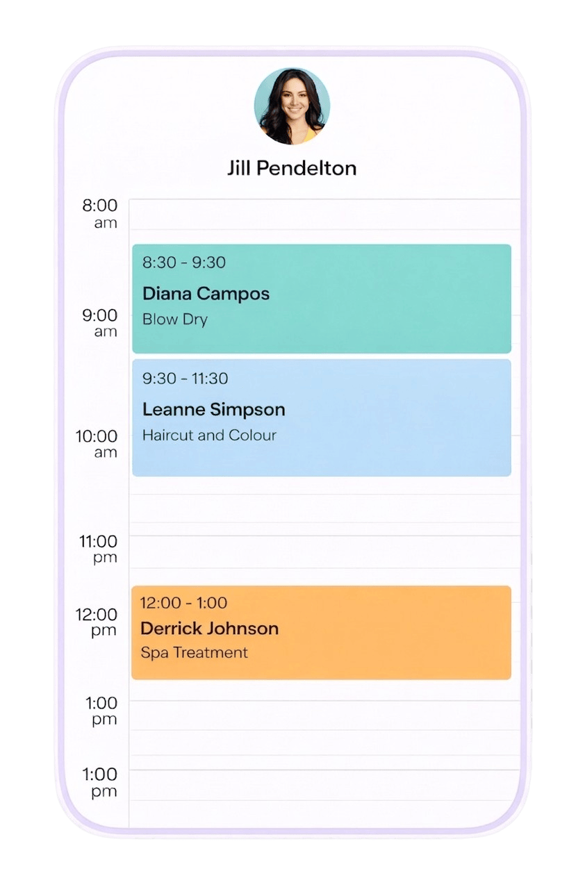 Bookme app daily schedule view for managing salon appointments
