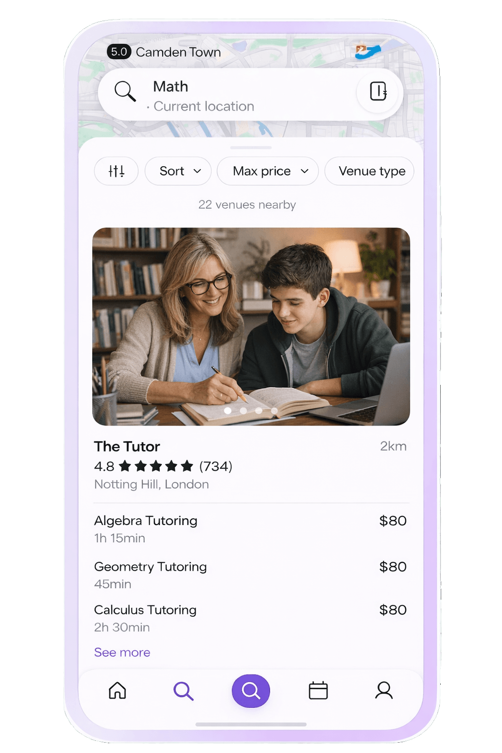 Bookme app browsing screen showing available tutoring services and lesson slots
