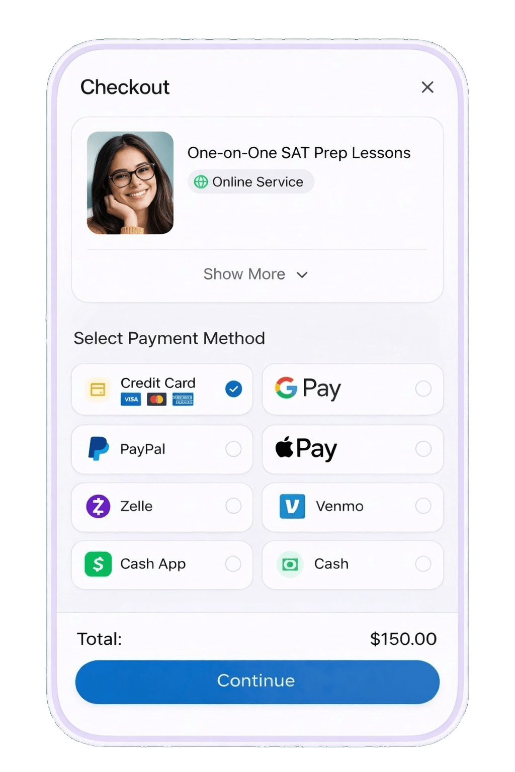 Bookme app checkout screen with secure payment options for tutoring sessions