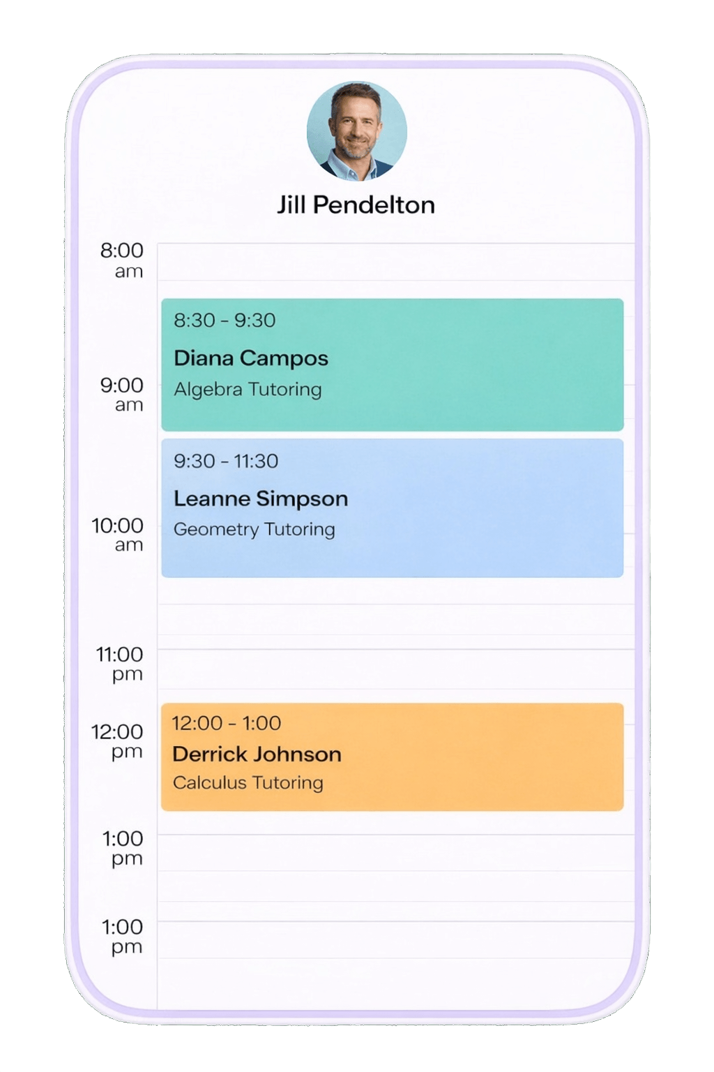 Bookme app daily schedule view for managing tutoring appointments
